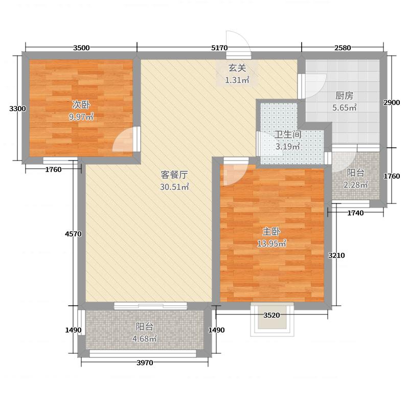 橡嶸灣2室2廳1衛(wèi)1廚88㎡戶型圖