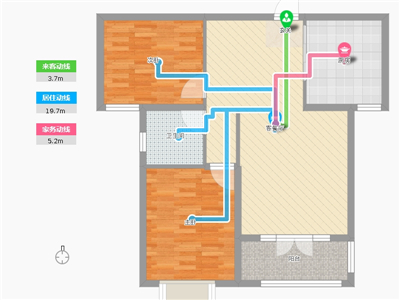 天璽名著2室2廳1衛(wèi)1廚92平米戶型居室動(dòng)線圖