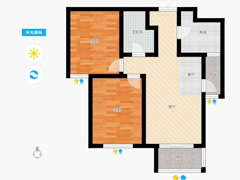 瀚唐2室2廳1衛(wèi)0廚89.00㎡采光通風(fēng)圖