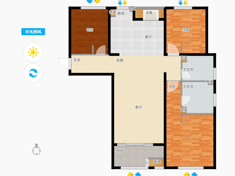 林蔭大院3室1廳2衛(wèi)0廚138.00㎡采光通風(fēng)圖