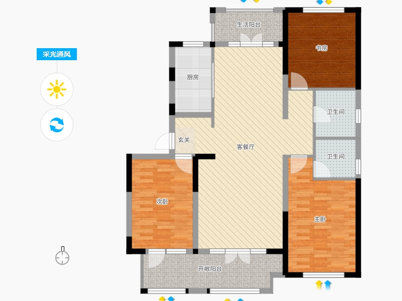 阿爾卡迪亞榮盛城3室2廳2衛(wèi)1廚139.00㎡采光通風(fēng)圖