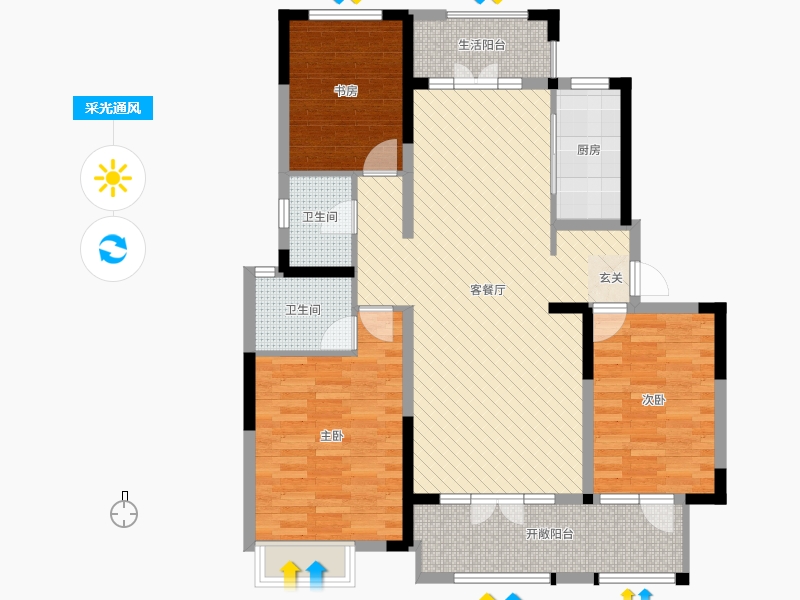 阿爾卡迪亞榮盛城3室2廳2衛(wèi)1廚142.00㎡采光通風(fēng)圖