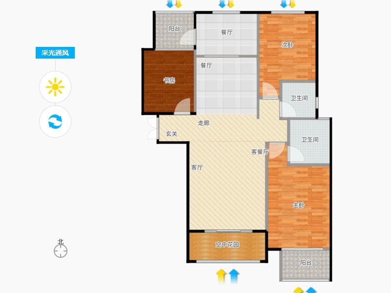鑫界9號(hào)院3室2廳2衛(wèi)0廚121㎡采光通風(fēng)圖
