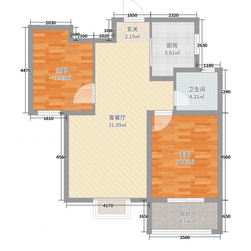 鉑宮時代2室2廳1衛(wèi)1廚89.00㎡戶型圖